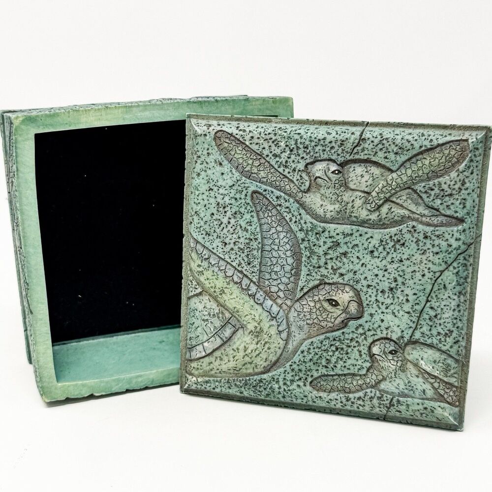 Vintage Sea Turtle Trinket Box Faux Stone Coastal Beach Decor Jewelry Box